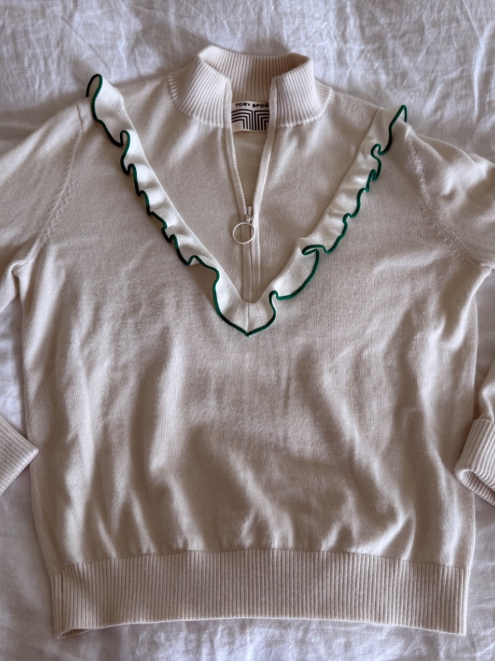 Tory Burch Tory Sport Cashmere Blend Ruffle Half Zip Sweater XS
